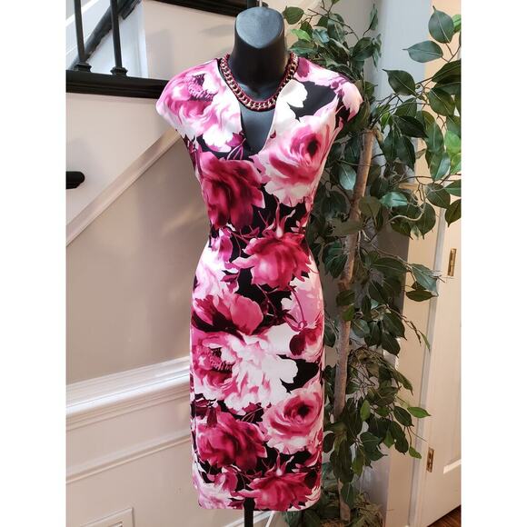 Connected Apparel Sheath Dress Womens S Red Floral Stretch Short Sleeve Back Zip - Picture 1 of 11